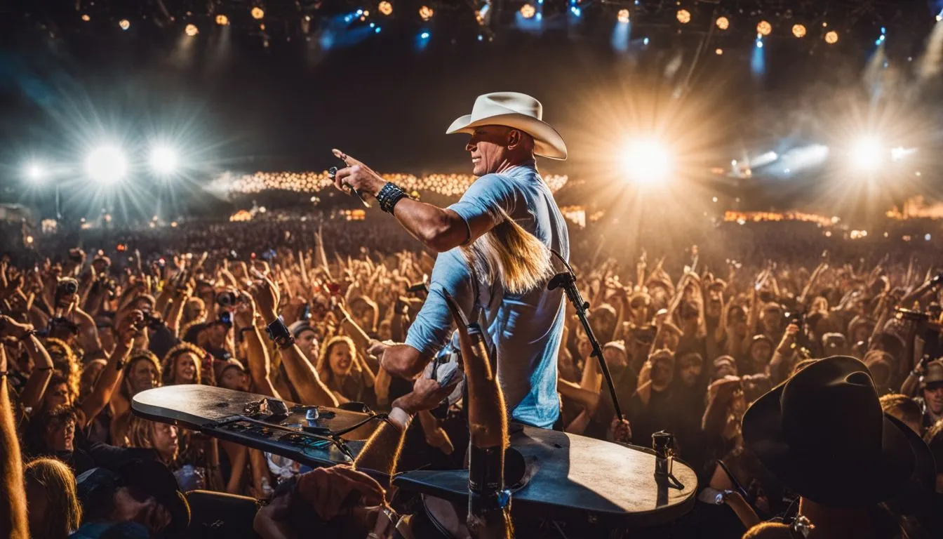 Kenny Chesney performs at a lively country music festival on a crowded stage.