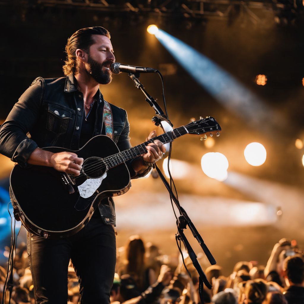 The band Old Dominion performing at a country music festival at sunset.