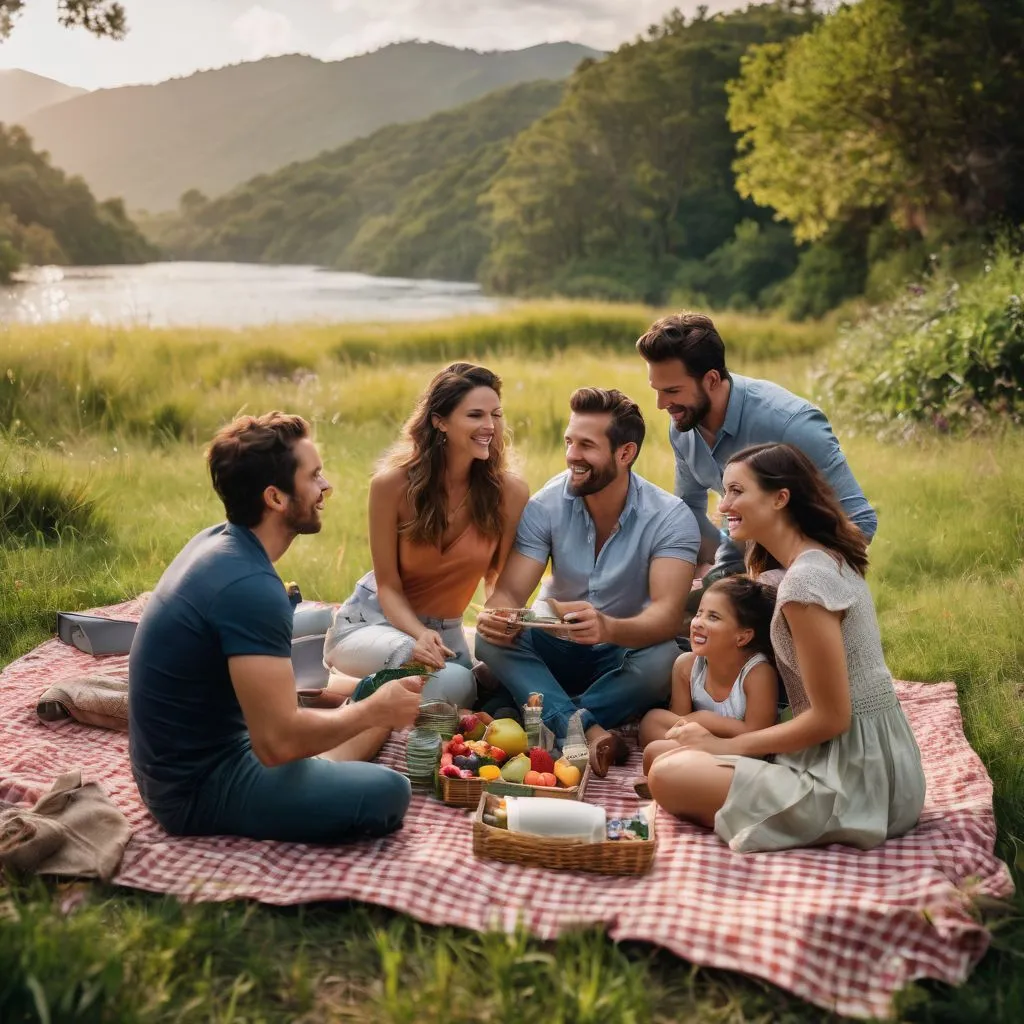 A group of diverse families enjoying a picnic in nature.