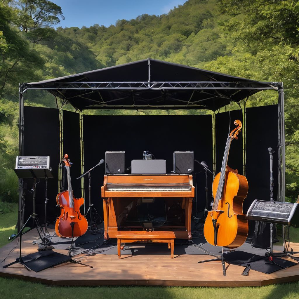 A vibrant outdoor stage with musicians and instruments set up.
