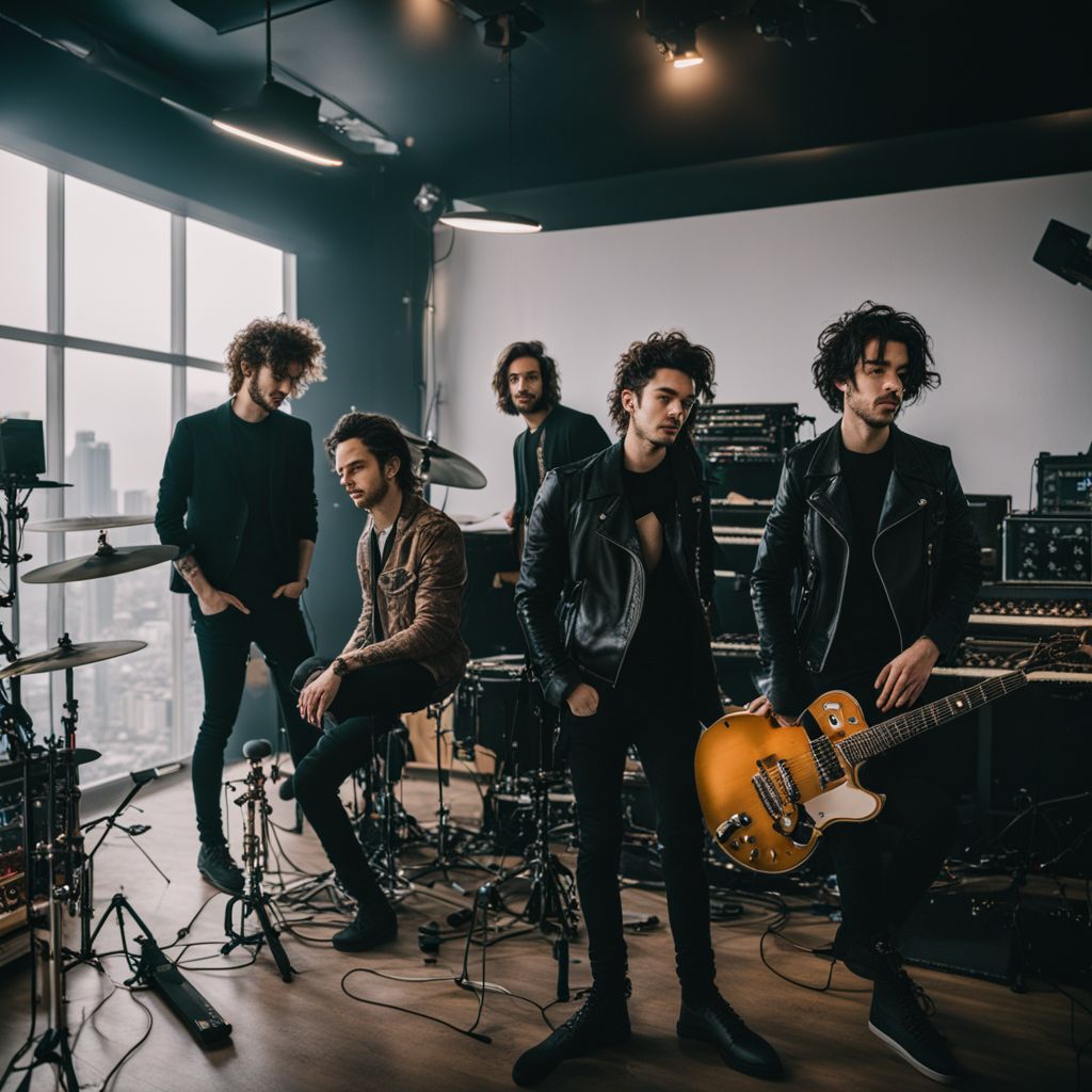 The 1975 members in a music studio, playing instruments and posing.