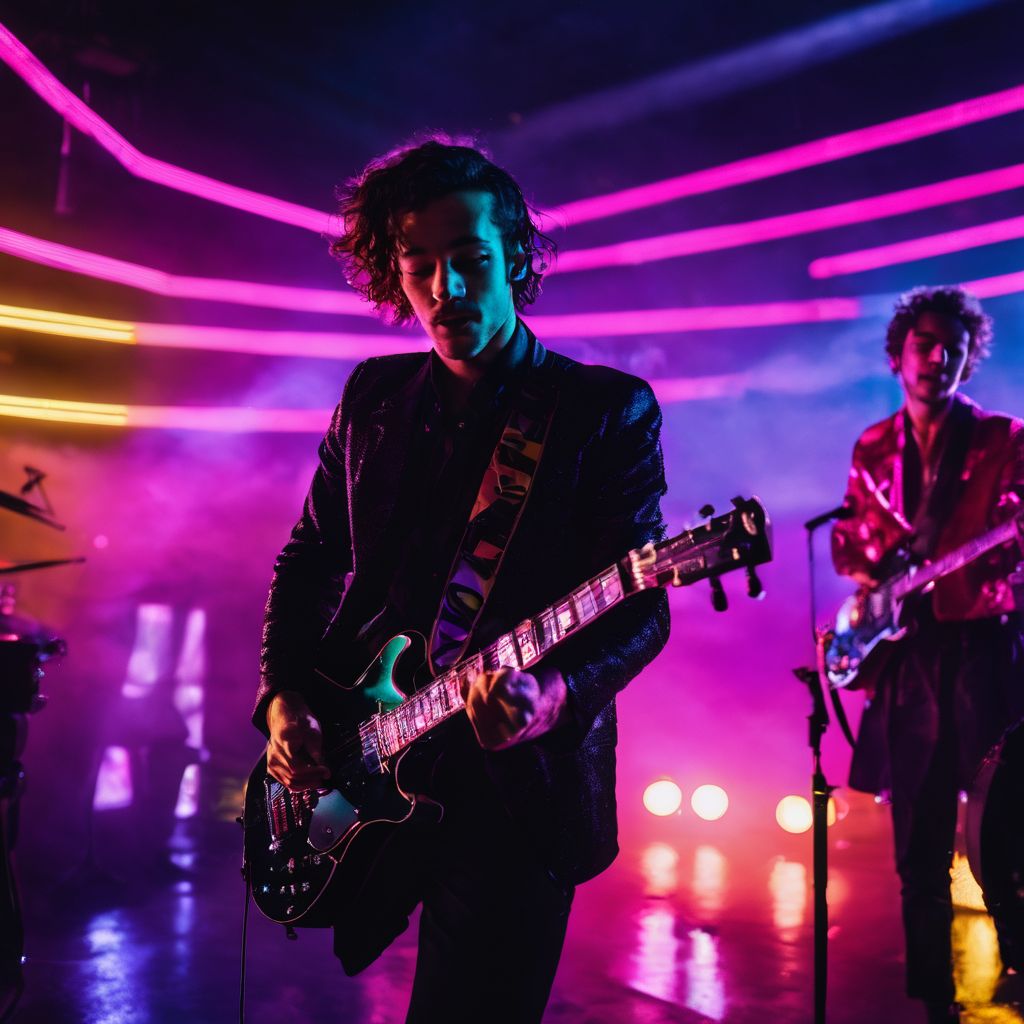 A photo of The 1975 band performing under vibrant neon lights.