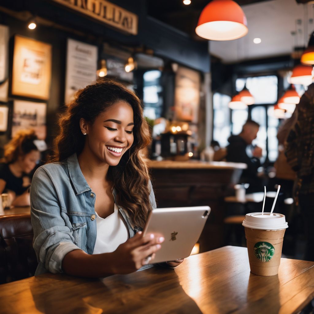 A person reads an email in a cozy coffee shop.