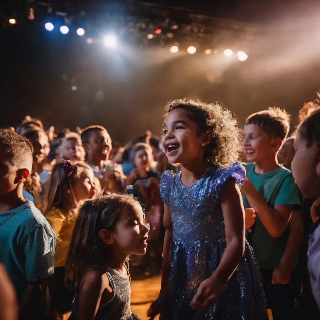 A lively crowd of children enjoying Raffi's concert.