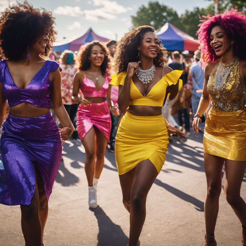 A group of people in colorful retro attire dancing at a lively outdoor festival.
