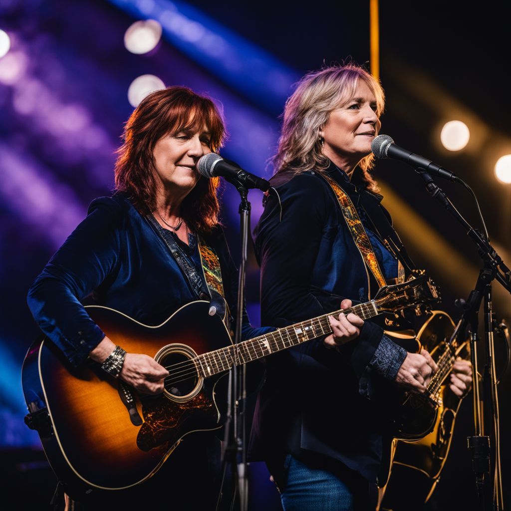 The Indigo Girls performing in a bustling cityscape under a starry sky.