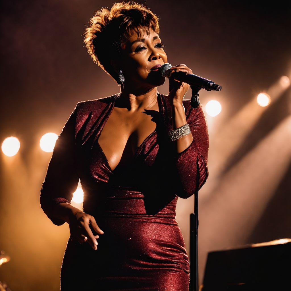 Anita Baker performing live at a concert with diverse audience.