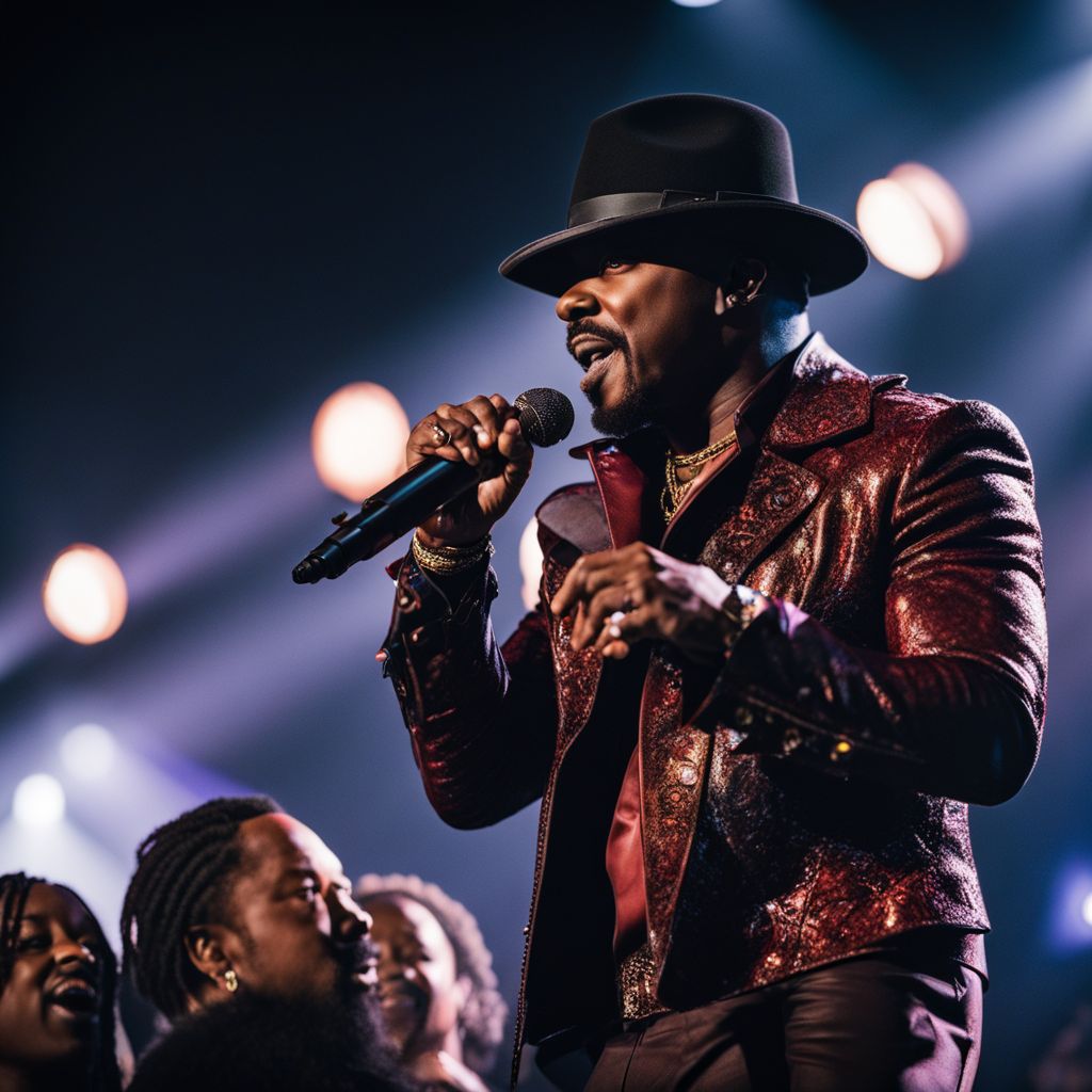 Anthony Hamilton performing on stage with a lively crowd in different outfits.