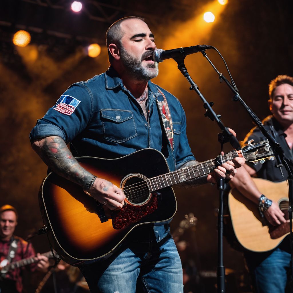 Aaron Lewis performing on stage with excited fans in varied outfits.