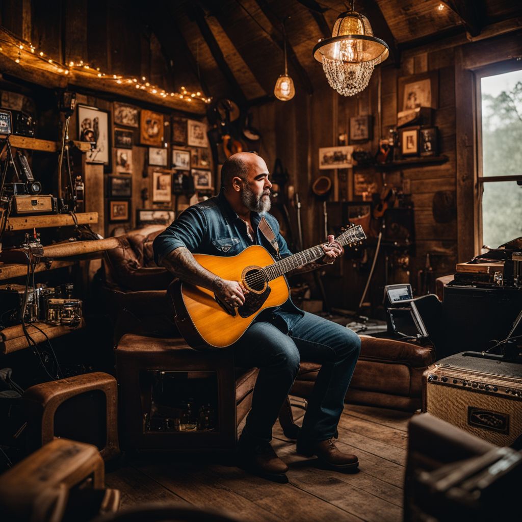 Aaron Lewis playing guitar in a vintage barn surrounded by music memorabilia.