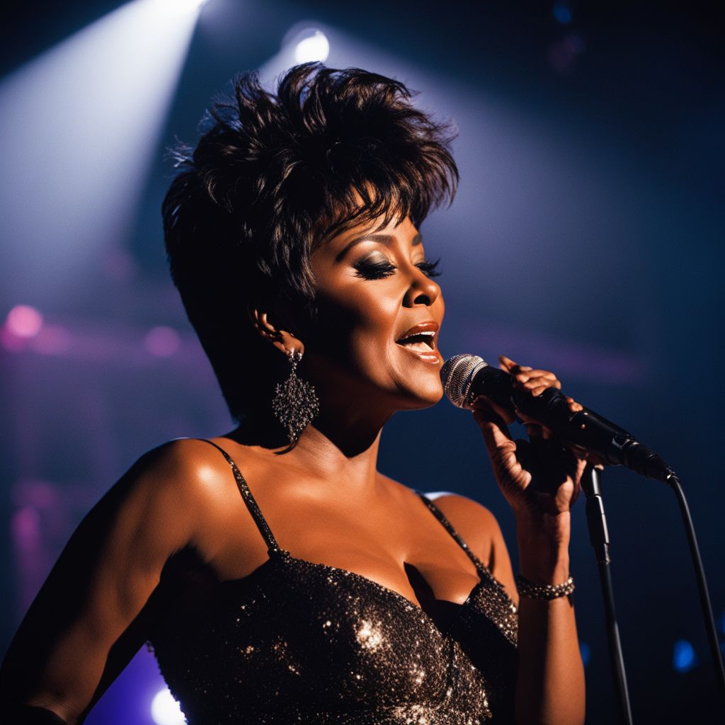 Anita Baker performing on stage in different outfits and hairstyles.