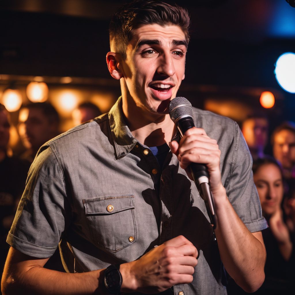 Andrew Schulz performing in a packed comedy club with diverse audience.
