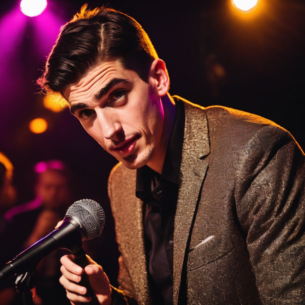 Andrew Schulz performing stand-up comedy in a crowded comedy club.