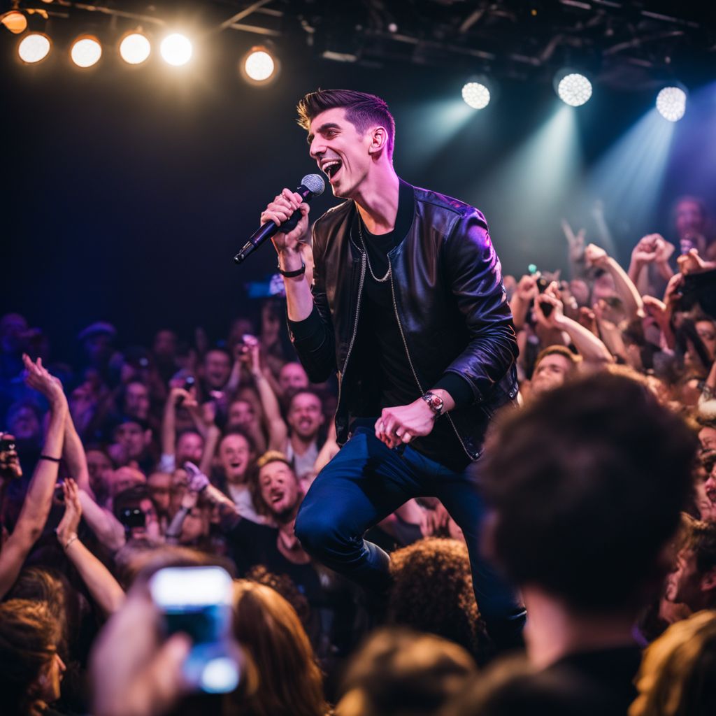 Andrew Schulz performing on stage at a packed, cheering venue.