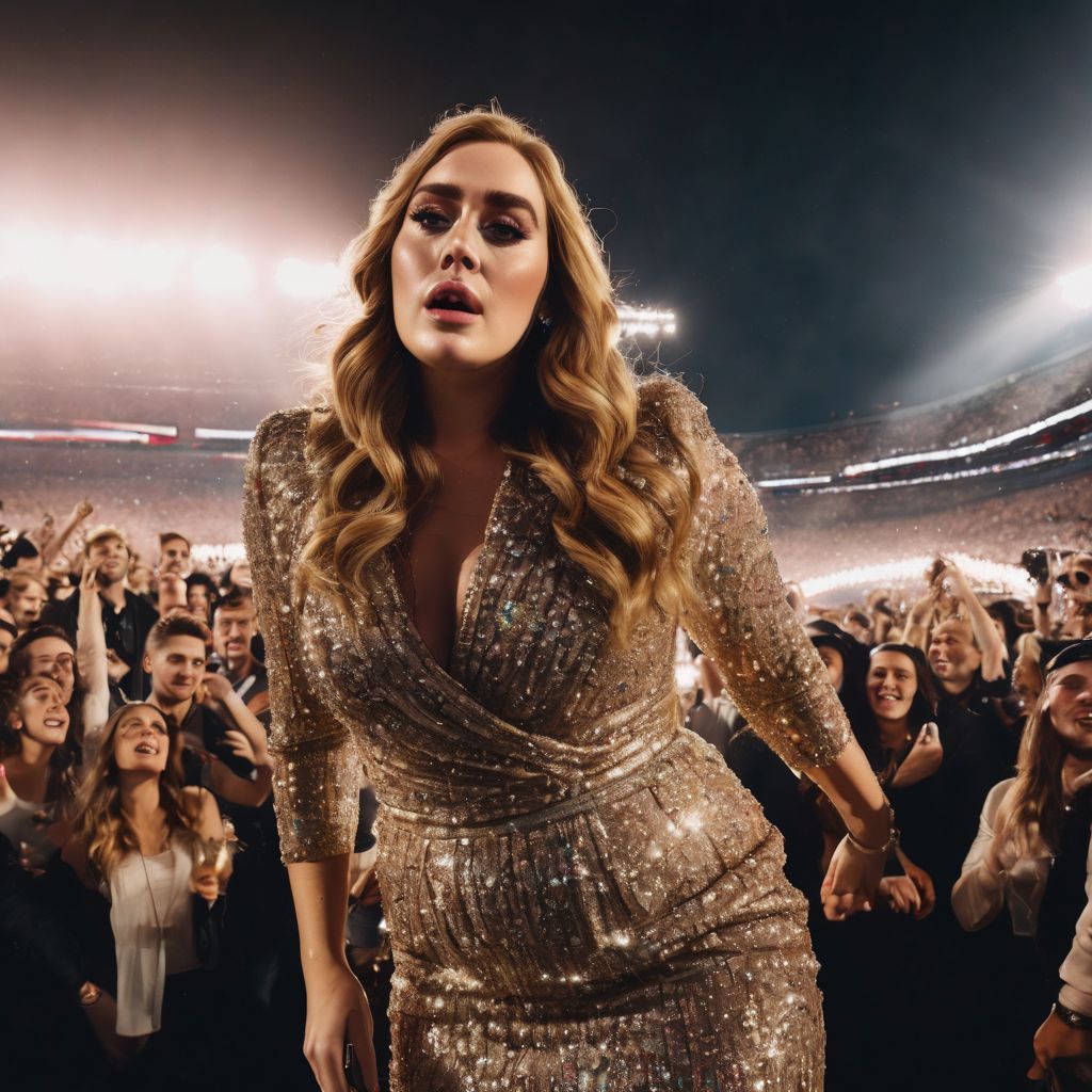 A crowded stadium with cheering fans and Adele performing on stage.