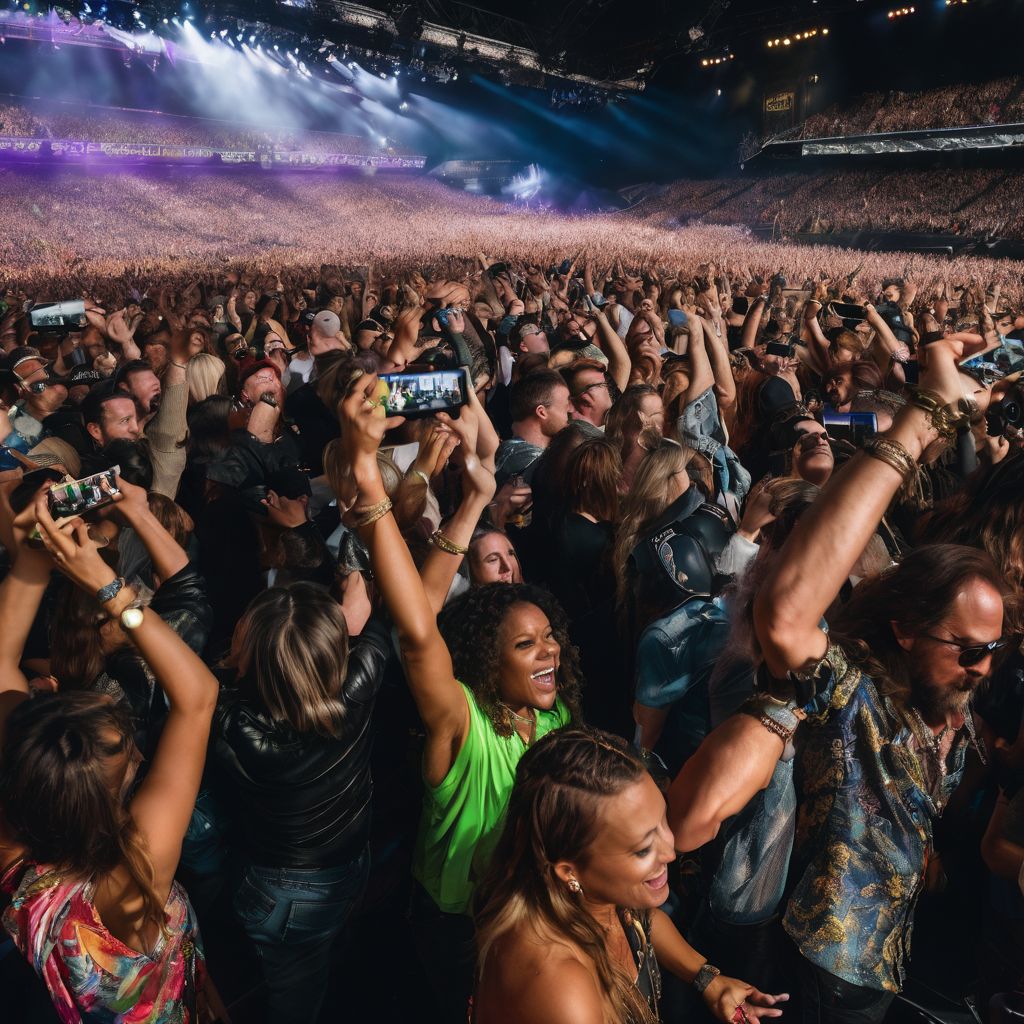 A lively Aerosmith concert with enthusiastic fans and the band performing.
