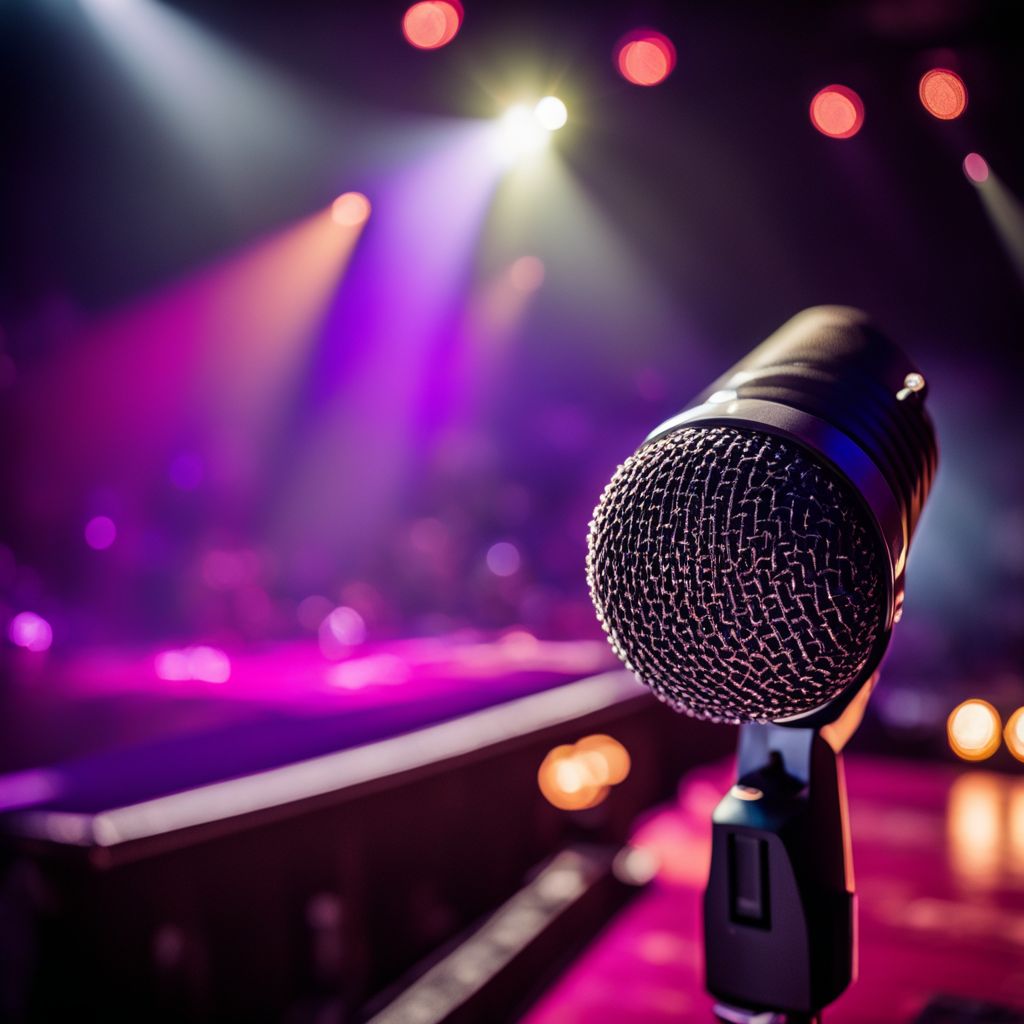 A vintage microphone on an empty stage with bright stage lights.