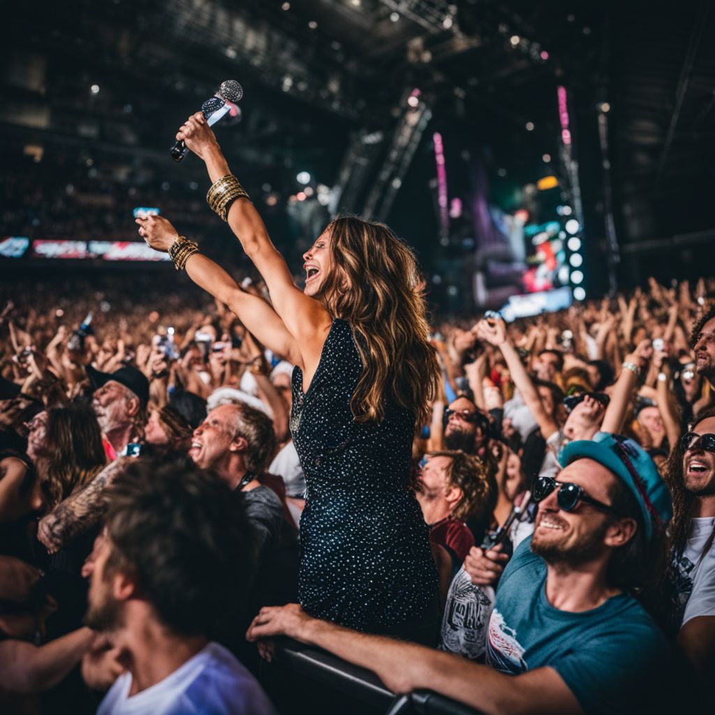 A lively crowd cheering at an Aerosmith concert.