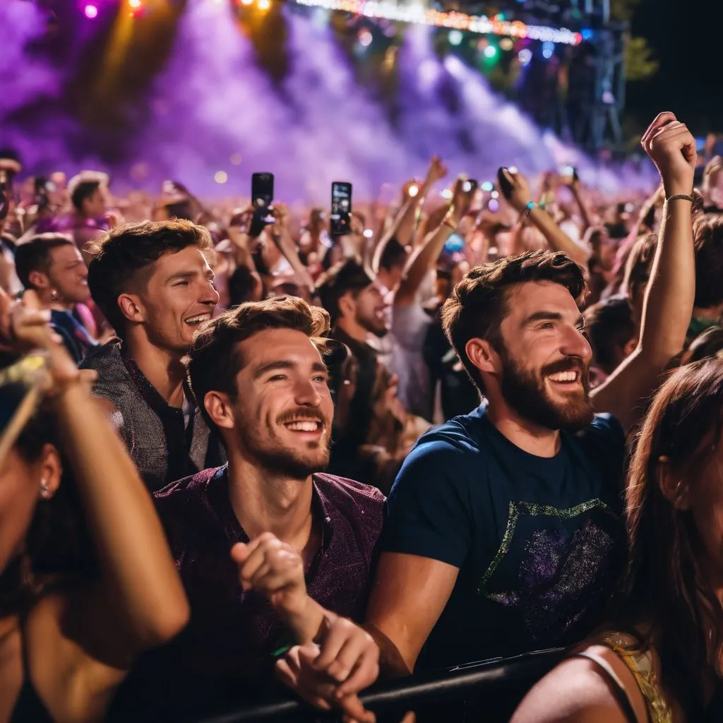 Excited fans cheering at an outdoor AJR concert.