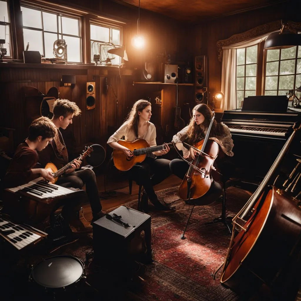 A group of young musicians playing instruments in a home studio.