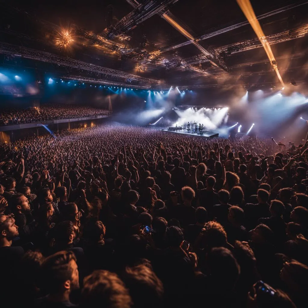 A crowded concert venue with diverse, enthusiastic fans enjoying the show.