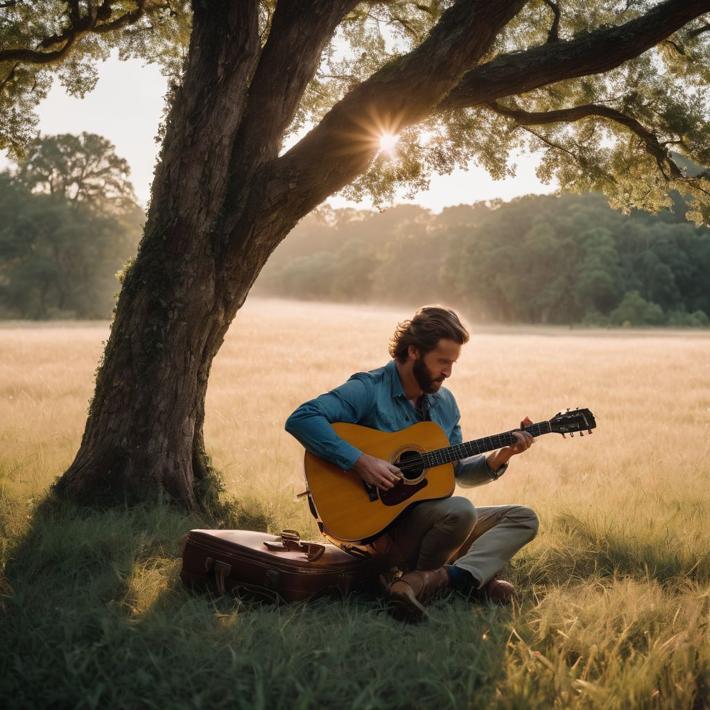 A man playing guitar under a big oak tree in an Alabama field.