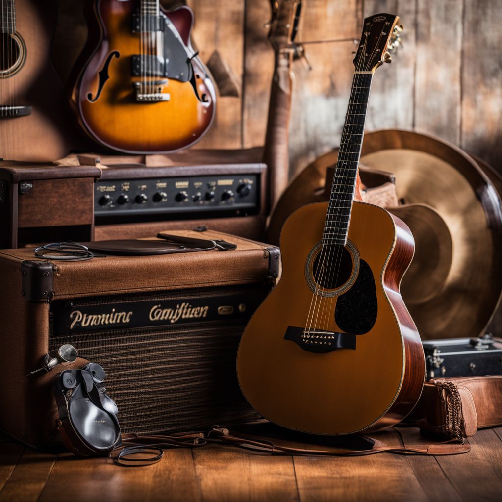 A rustic guitar surrounded by vintage music equipment in a bustling atmosphere.