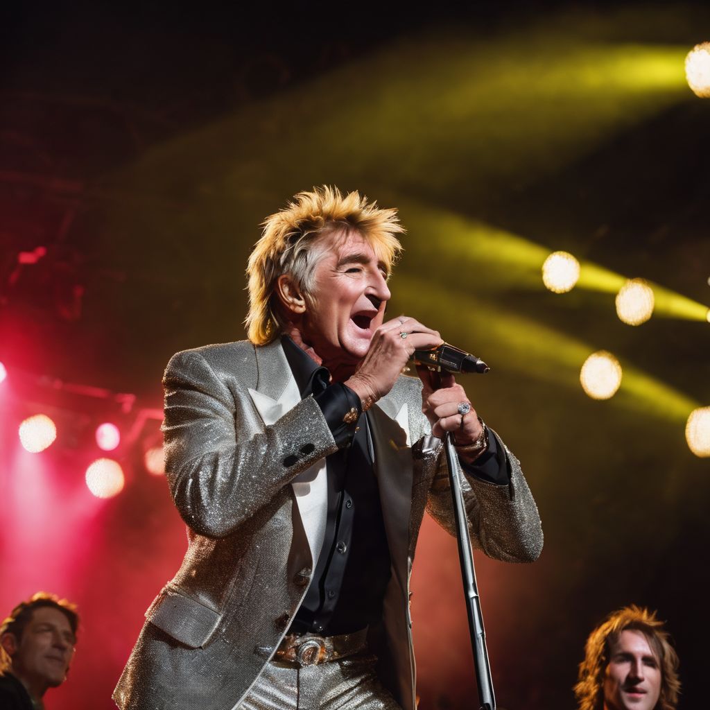 Rod Stewart performs on stage in front of enthusiastic fans.