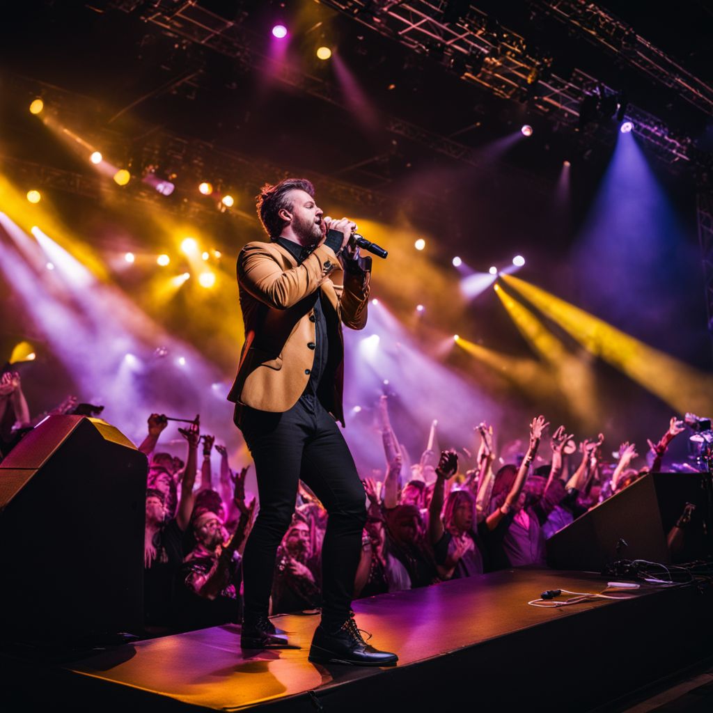 Ian Munsick performing on stage with enthusiastic fans.