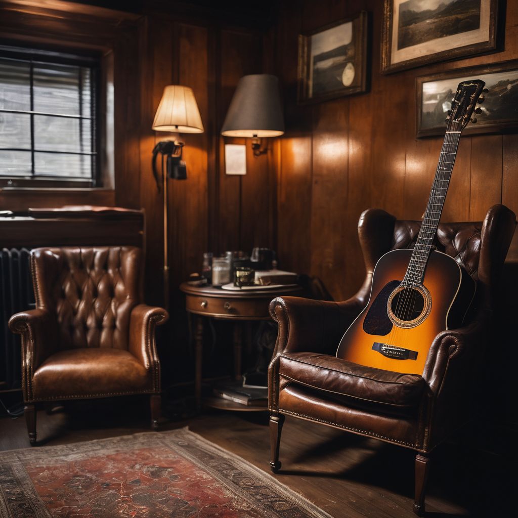 A vintage acoustic guitar resting on a worn leather armchair in a backstage area.