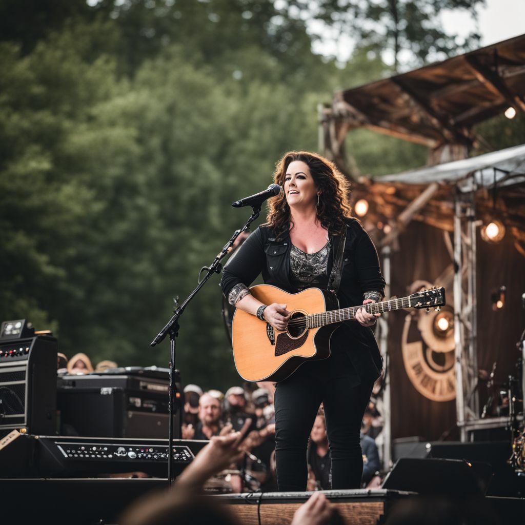 Ashley McBryde performing at a country music festival in different outfits.