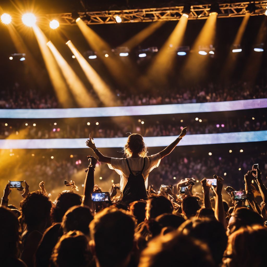 Fans singing and swaying in front of the stage at a concert.