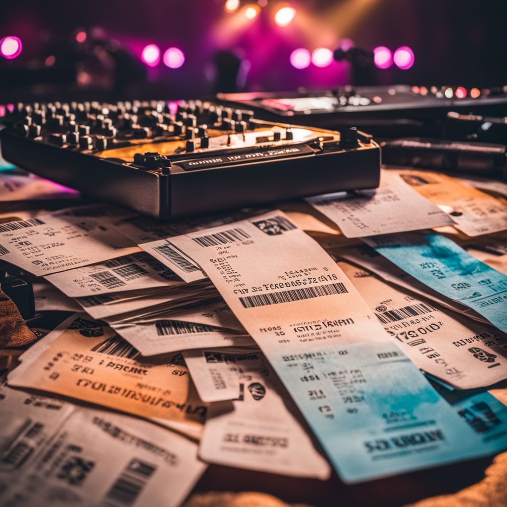 A photo of concert tickets surrounded by stage lights and music equipment.