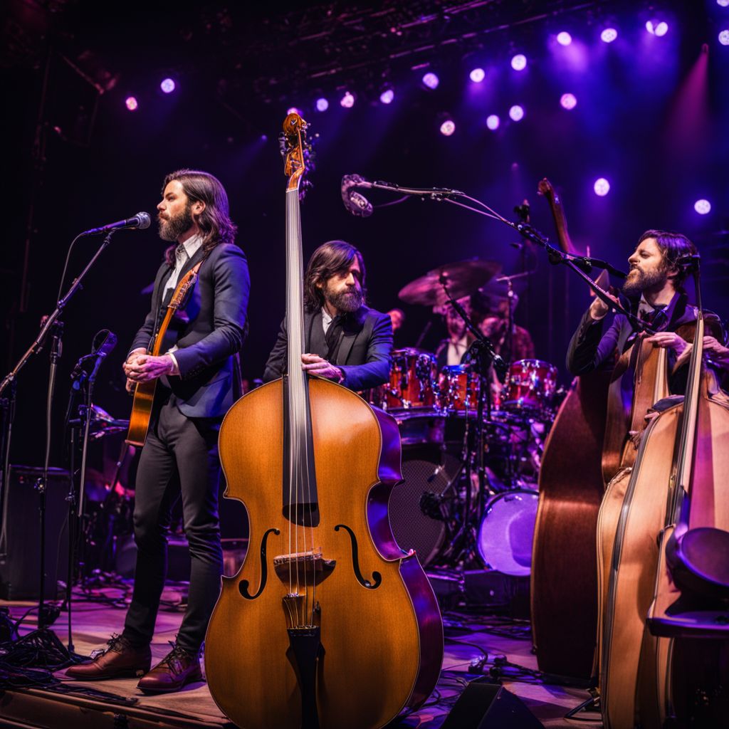 A photo of The Avett Brothers' instruments and gear on a vibrant stage.