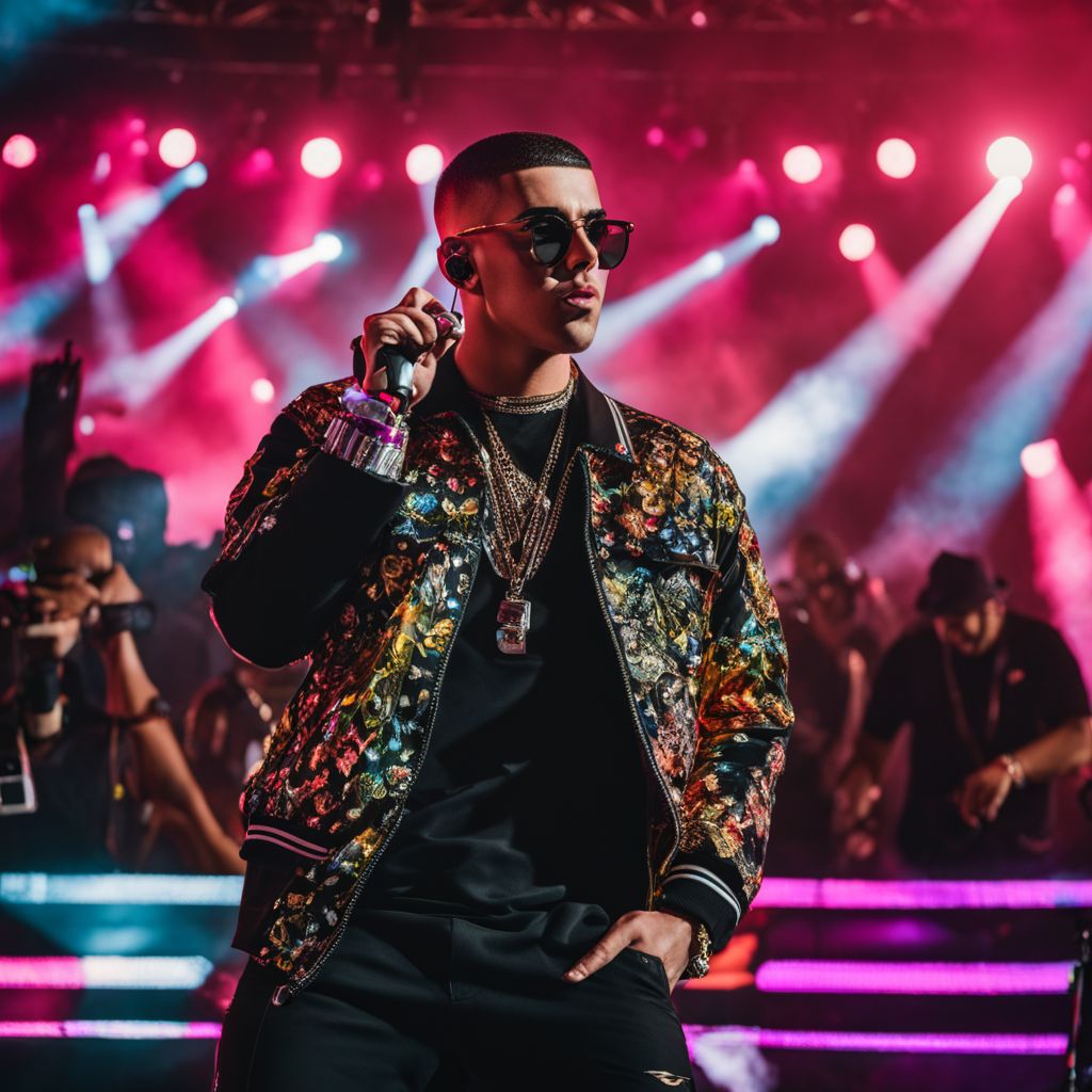 A photo of Bad Bunny performing on stage at a music festival.
