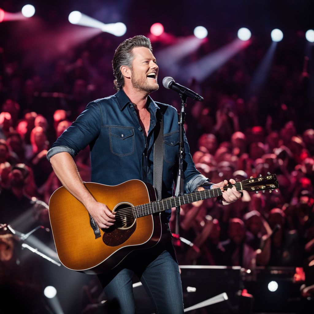 Blake Shelton performing on stage to a cheering crowd at a concert.