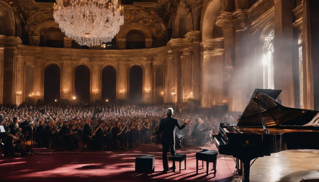 Andrea Bocelli performing in a grand concert hall surrounded by elegant decor.