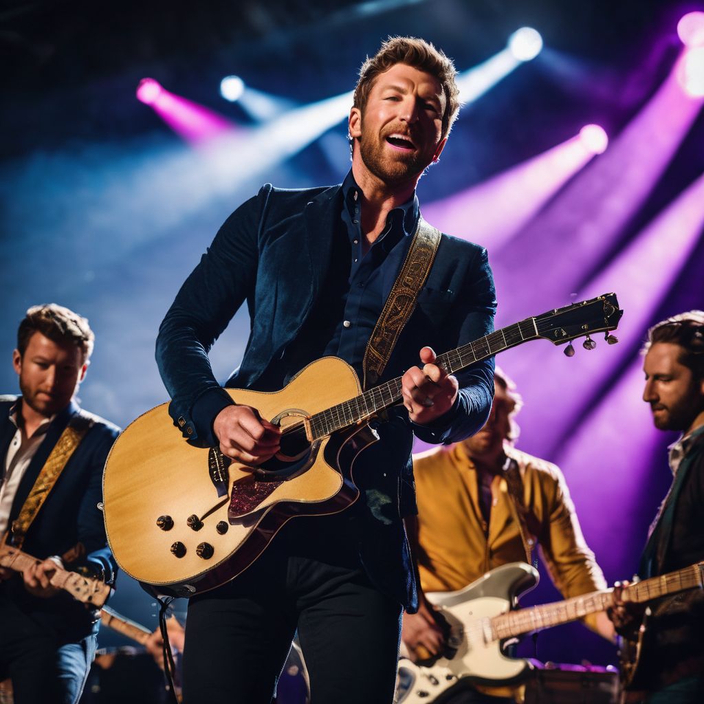 Brett Eldredge's concert stage with vibrant lights and musical instruments.