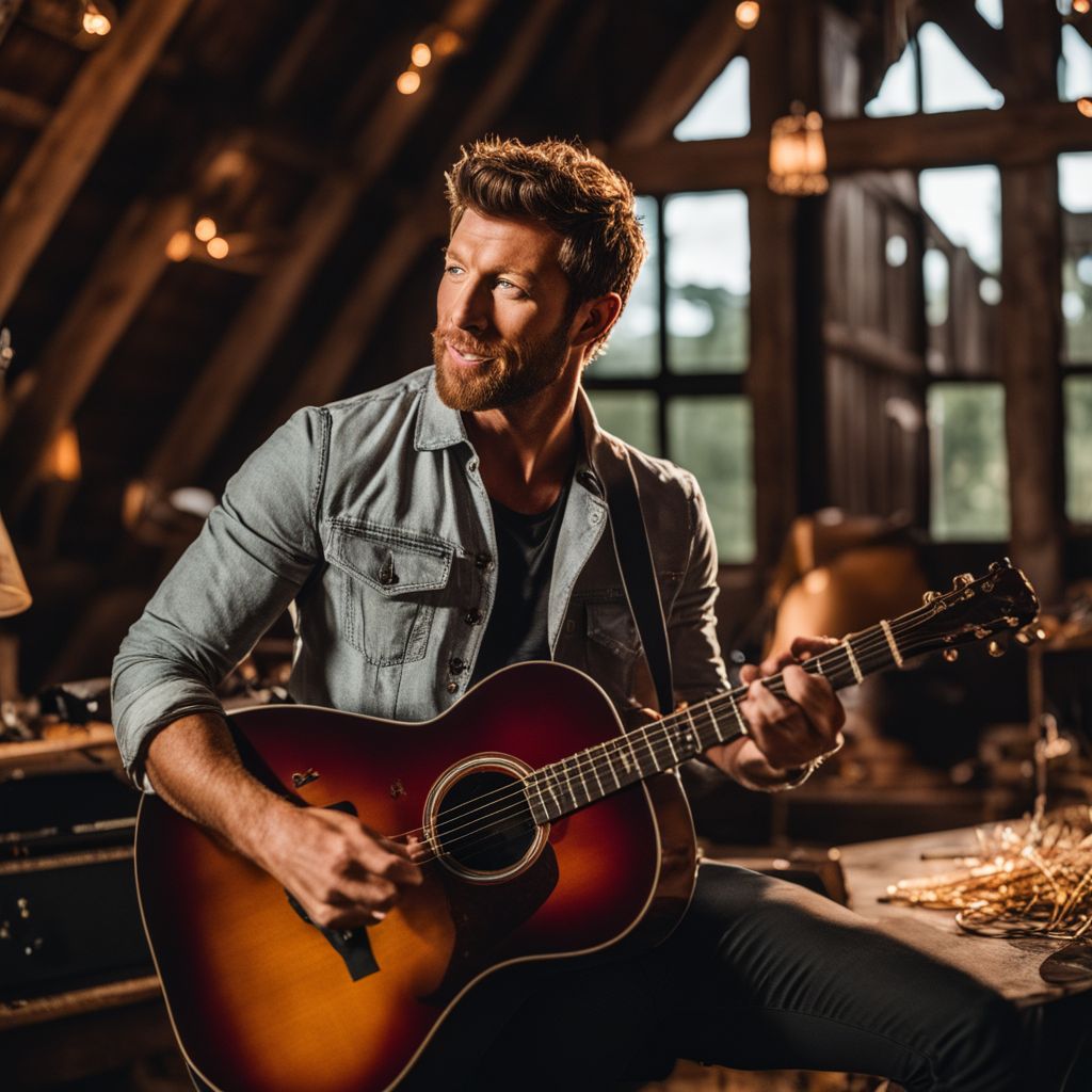 Brett Eldredge playing guitar in a rustic barn surrounded by vintage musical instruments.