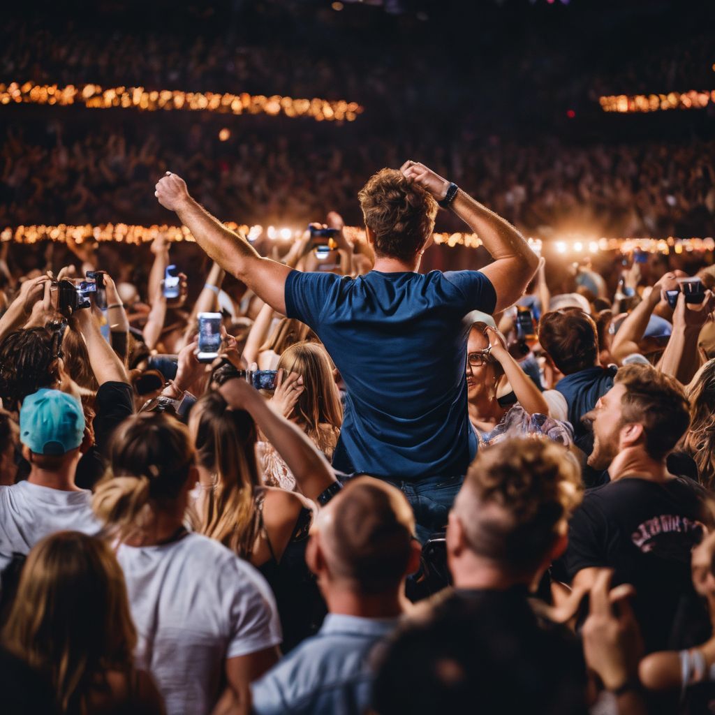 A crowd of fans cheering at a Brett Eldredge concert.