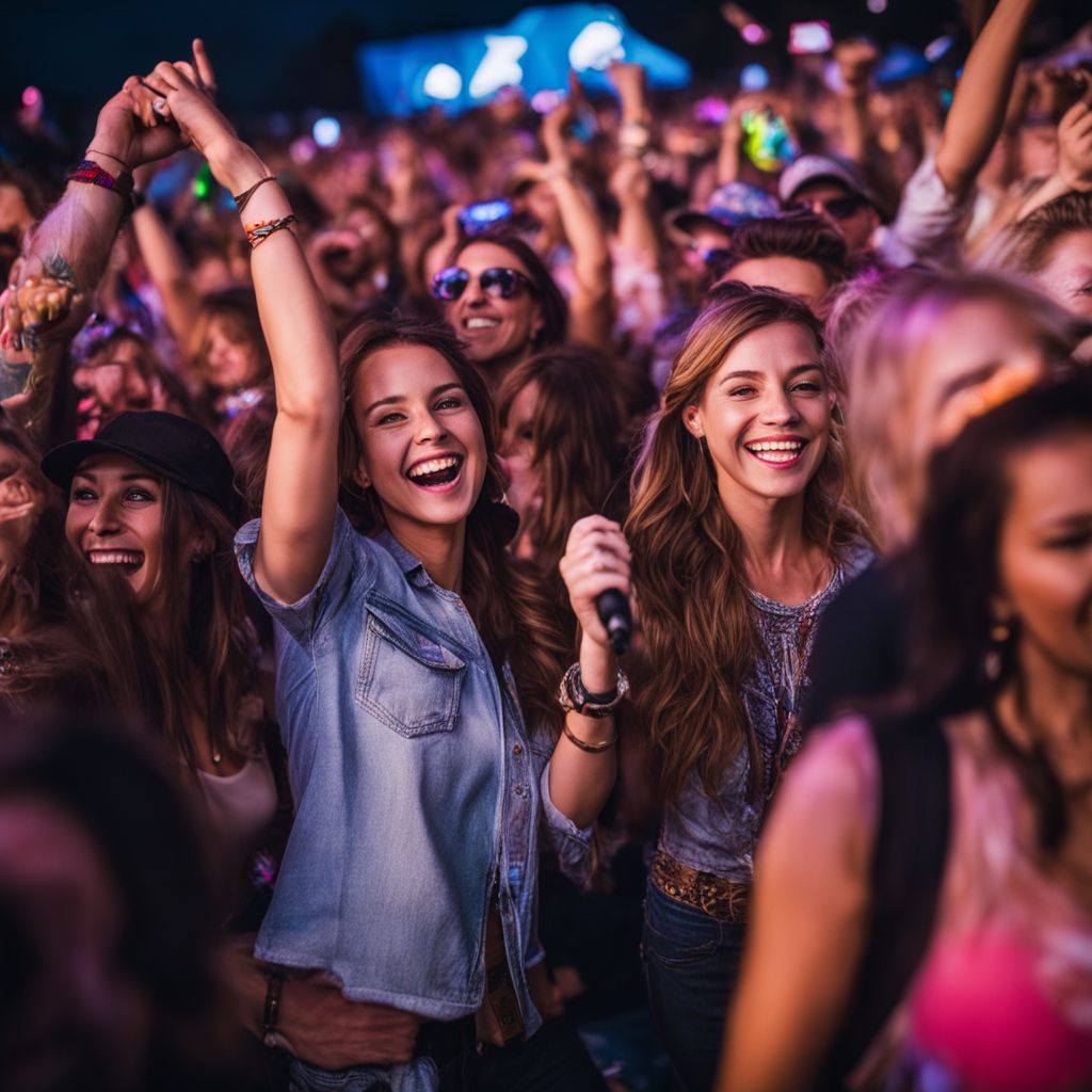 A lively country music concert with enthusiastic fans and vibrant atmosphere.