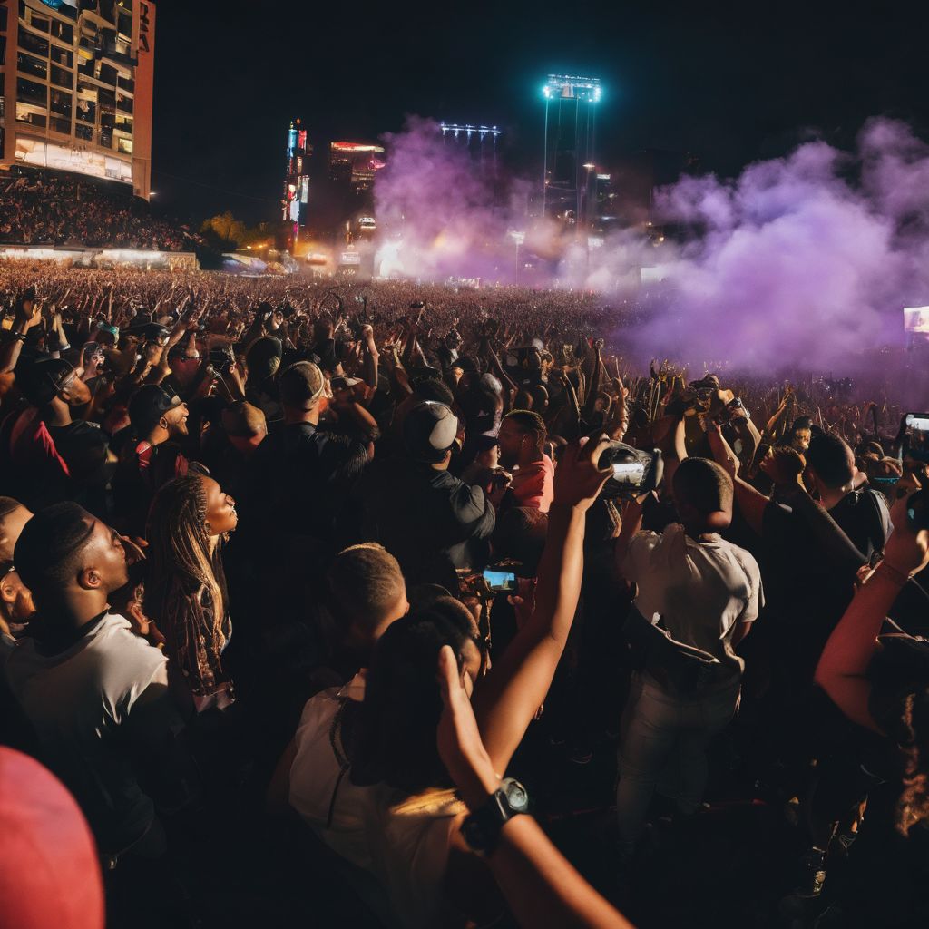 A pumped crowd at a Dababy concert with hands in the air.