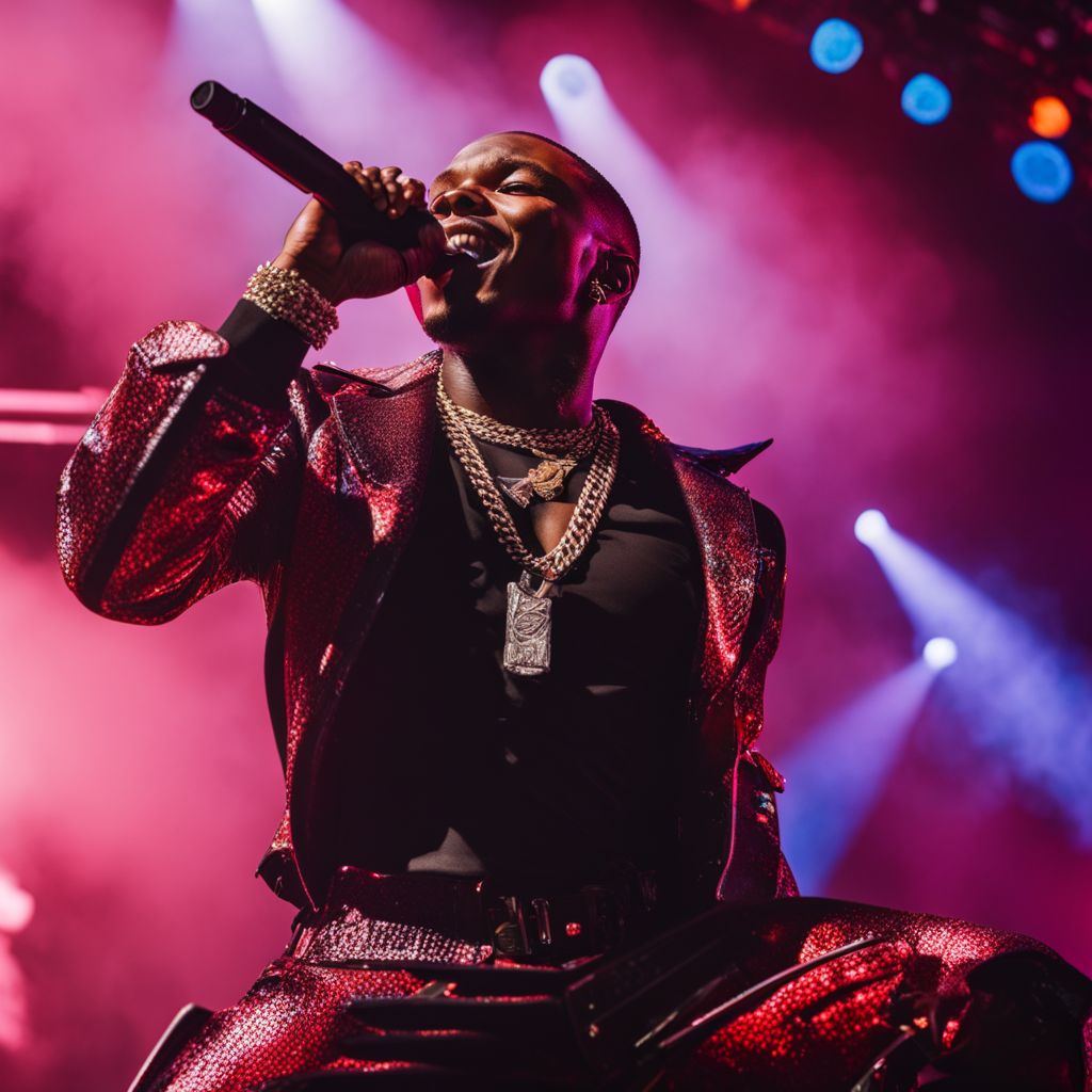 Dababy performing on stage with cheering fans in vibrant concert.