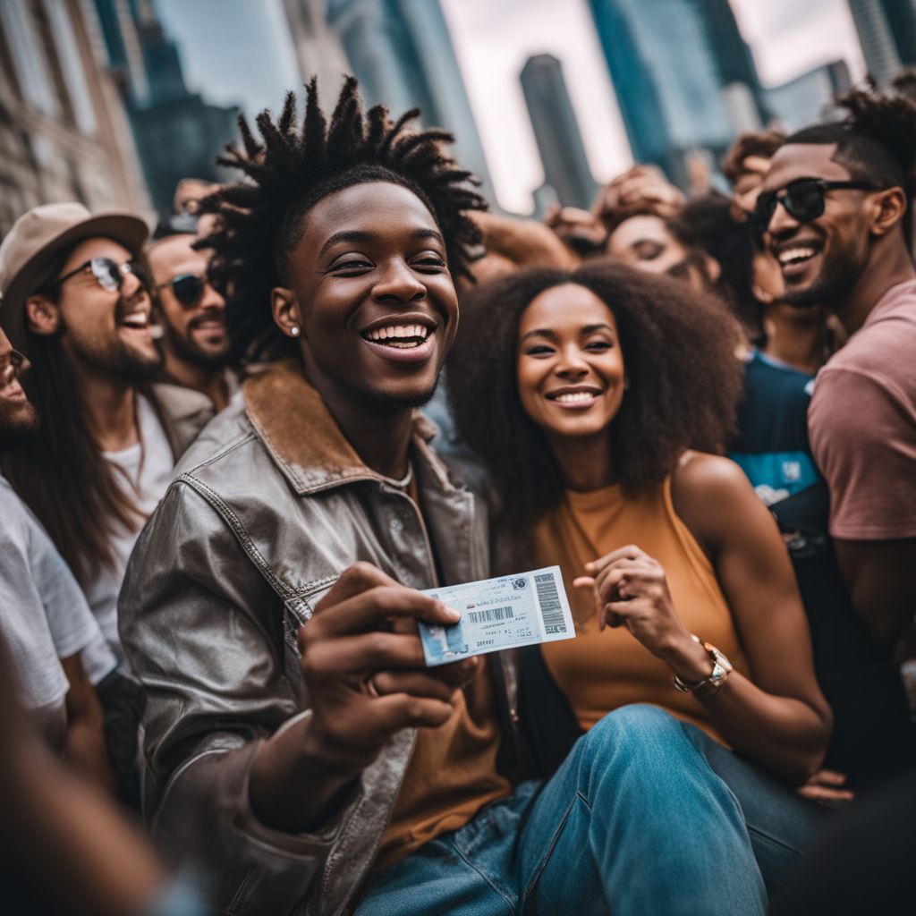 Excited concert-goers holding Dababy tickets in vibrant cityscape.