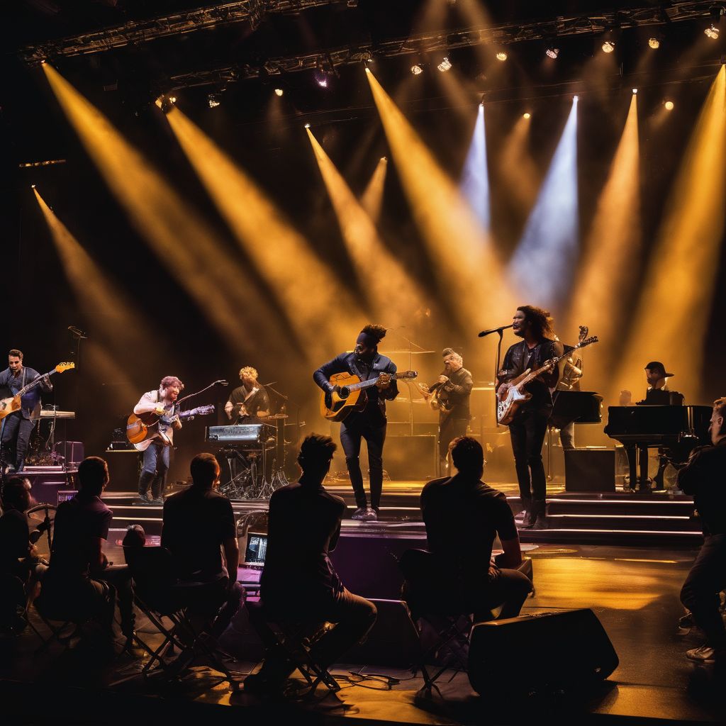 A group of musicians performing on stage with a captivating light show.