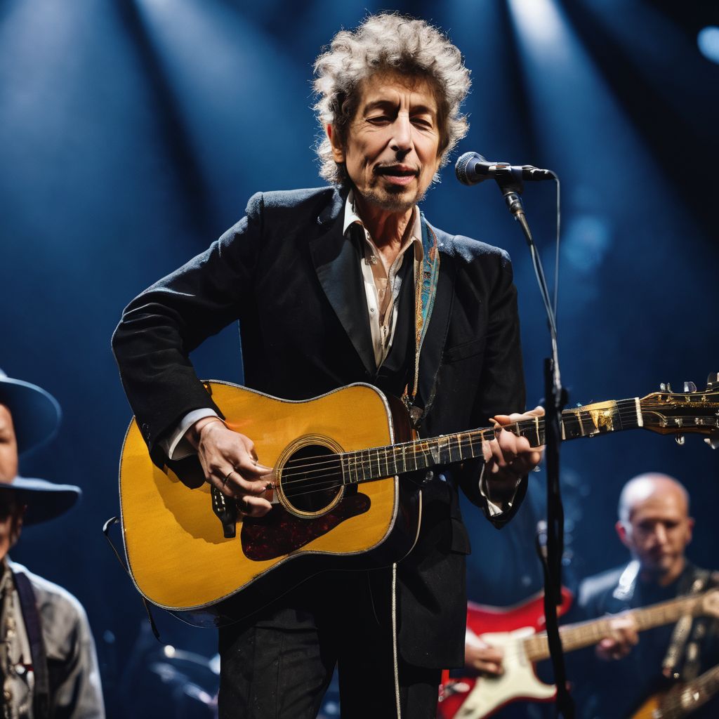 Bob Dylan performing on stage surrounded by diverse adoring fans.