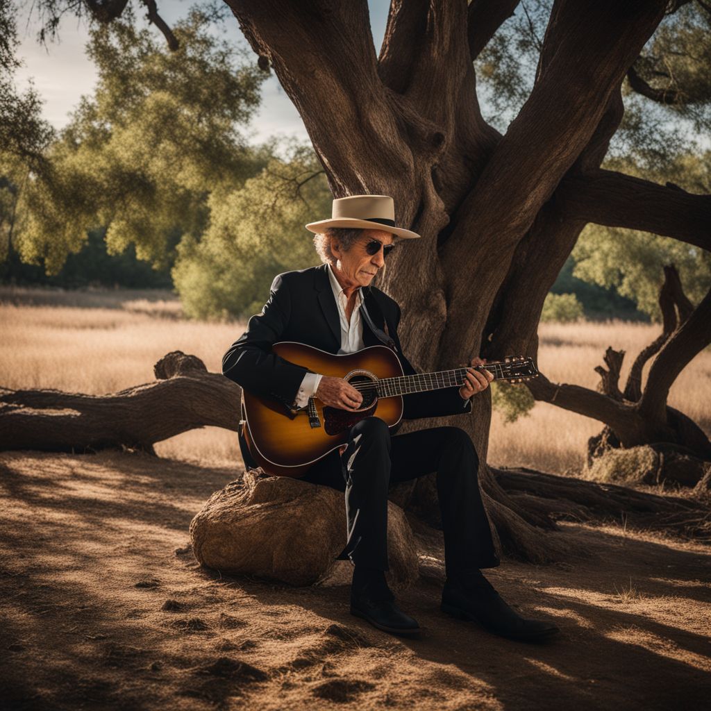 Bob Dylan playing guitar under a tree in a bustling natural setting.