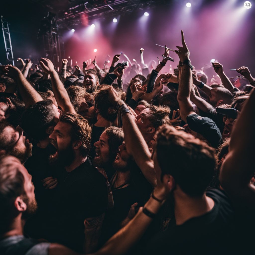 A frenzied mosh pit at a Beartooth concert, capturing the bustling atmosphere.