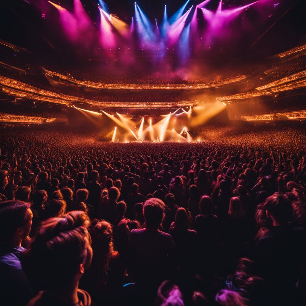 A diverse crowd of fans fills a concert arena.