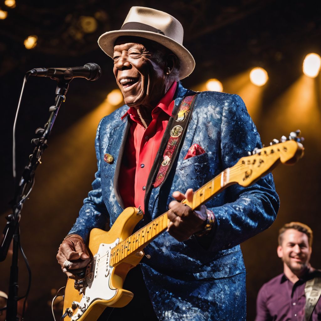 Buddy Guy passionately performing on stage in front of a cheering crowd.